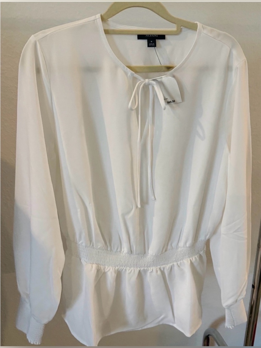 Alfani White Tie-Neck Long Sleeve Peplum Blouse